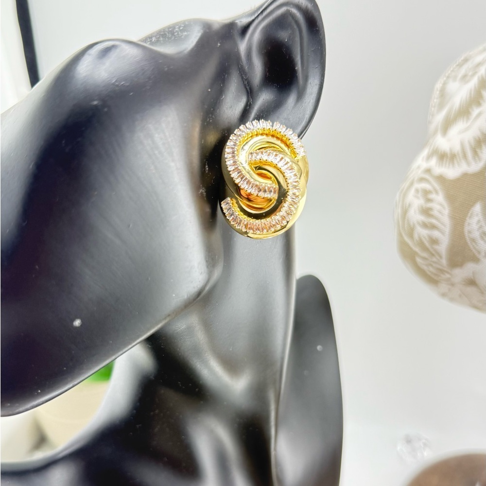 Natasha Gold-Tone Knot Earrings with Cubic Zirconia – Bold Statement Studs - Picture 13 of 13